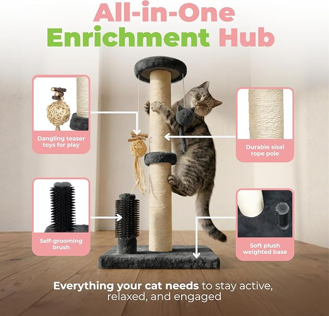 Best Pet Supplies Catify Cat Scratcher, Fun Interactive Scratchers, Posts, Poles, Claw Safe, Furniture Saver Indoor Play Support Natural Cat Behaviors Heavy Duty - Gray Scratching Post - H: 25"