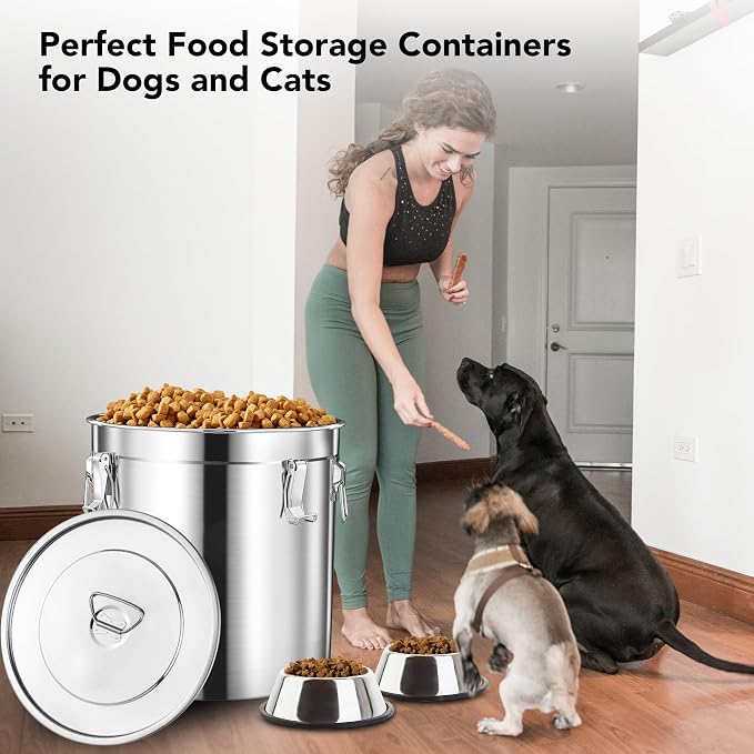 Newget 15lb Airtight Stainless Steel Dog Food Storage Container with Scoop | Large Metal Pet Food Containers Set with Sealed Lid, Metal Lock for Easy Open and Close, Keeps Fresh for Cat / Dog Food