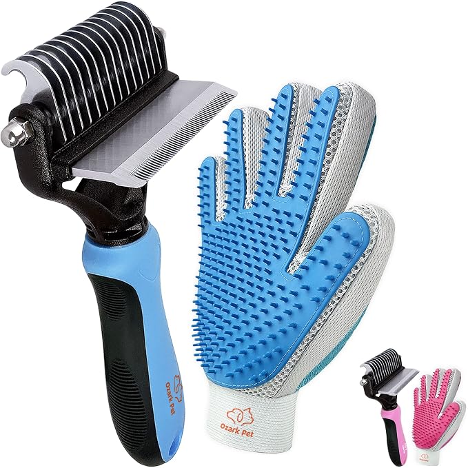 Grooming Brush for Dog/Cat with 2 Sided Grooming Brush for De-Shedding, De-Matting Reduces Shedding up to 95%, Great Short to Long Hair (Blue, Small Combo)