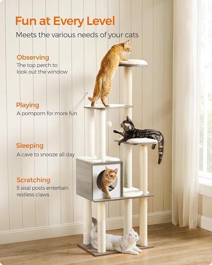 Feandrea Cat Tree, 64.6-Inch Modern Cat Tower, Multi-Level Condo with 5 Scratching Posts, Perch, Washable Removable Cushions, Cave, Heather Greige UPCT166G01 | Contemporary Cat Condo for Indoor Cats, Perch, Washable Removable Cushions, Heather Greige, ...