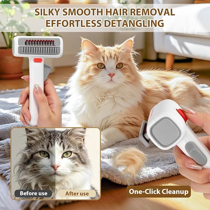Deshedding Brush for Cats - 2-in-1 Pet Dematting Comb & Undercoat Rake | Cat Hair Removal Brush Self-Cleaning Hair Removal Brush Safely removes tangles, knots, and loose hair from your pet