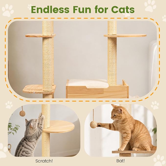 45 Inch Solid Wood Cat Tree, Modern Cat Tower for Indoor Cats, Cat Condo with Single Tunnel, Sisal Scratching Posts, High Perch Platform, Washable Cushion, Hanging Balls, Natural