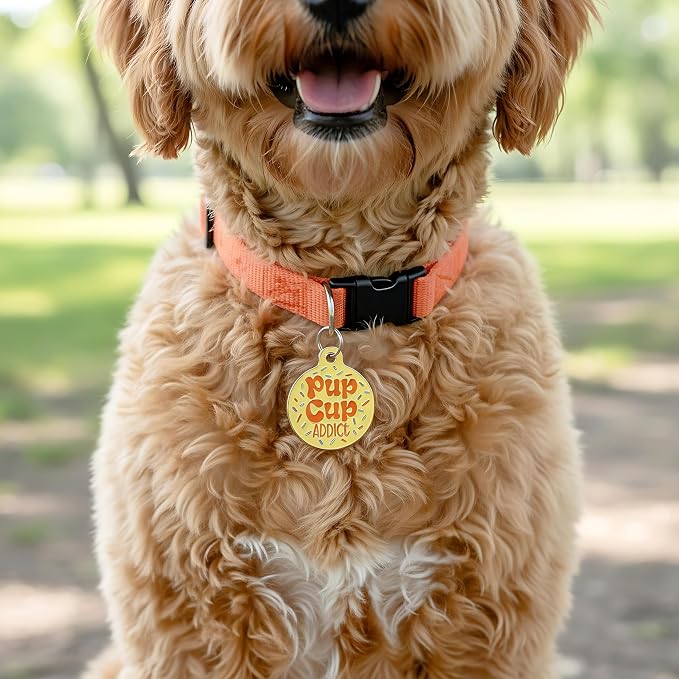Bad Tags Personalized Dog and Cat ID Tags in 25+ Designs and 2 Sizes - 5 Lines of Custom Engraved Text - Funny Cute Personalized Pet Tags (Pup Cup Addict, Large (1.25 inch))