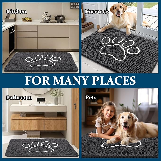OLANLY Dog Door Mat for Muddy Paws 59x24, Paw Print Design Chenille Mud Mat | Dark Grey, Absorbent, Traps Moisture and Dirt, Non-Slip Washable Doormat, Quick-Drying Indoor Entryway Floor Carpet for Dogs