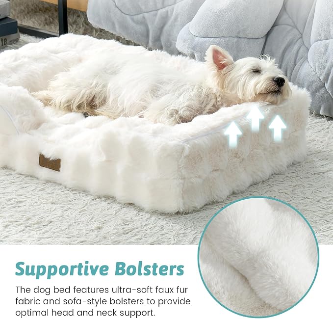 COZY KISS Orthopedic Dog Bed for Large Medium Size Dog, Soft and Warm Faux Fur Sofa for Pet Up to 75 lbs, Foam Bolster Anti-Slip Couch with Washable Removable Cover, L 36x27x6.5 inch, Beige