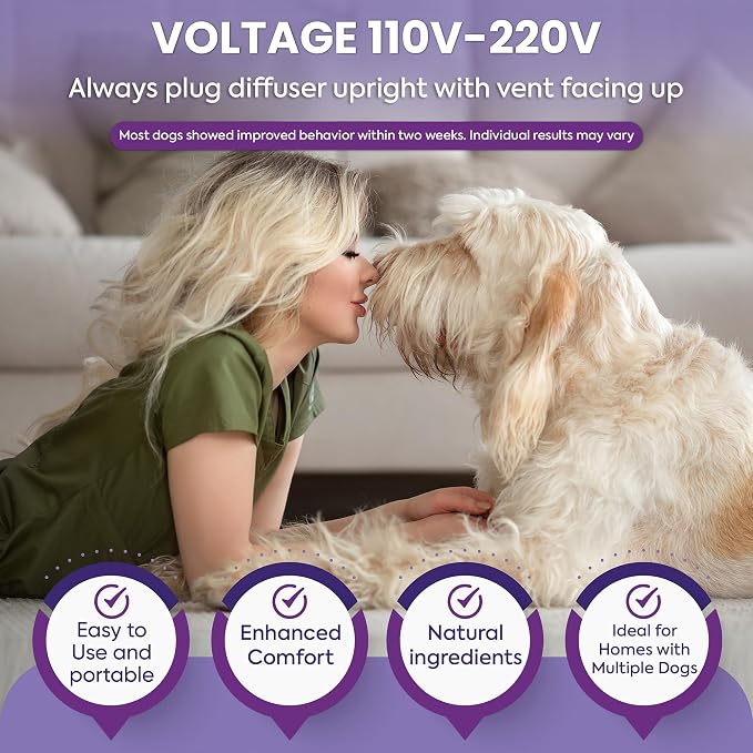 TopSum Calming Diffuser for Dog: Dog Pheromones Calming Diffuser Plug for Stress, Barking, Chewing, Pee Accidents & Separation Behaviors (Purple– 6 Refills)
