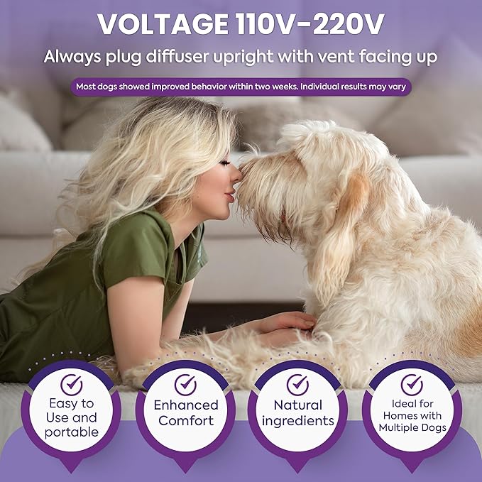 TopSum Calming Diffuser for Dog: Dog Pheromones Calming Diffuser Plug for Stress, Barking, Chewing, Pee Accidents & Separation Behaviors (Purple– 1 Diffuser+3 Refills)