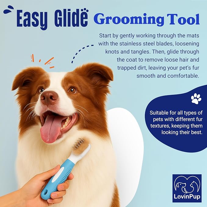 Pet Mat Remover – Professional Dematting Comb for Dogs and Cats | Dematting Comb w/Stainless Steel Rounded Teeth for Gentle Knot & Tangle Removal – Dog Dematting Tools & Dog Grooming Supplies