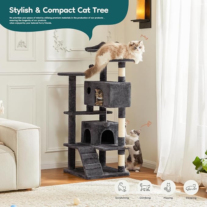 DUMOS 54 Inch Cat Tree Tower with Scratching Posts | Indoor Multi-Level Pet House for Large Cats with 2 Condos, Round Platform, Small Ladder and Toys, Grey