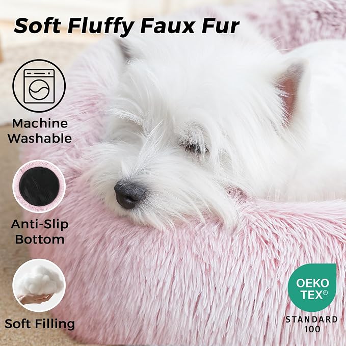 Calming Round Dog Bed & Cat Bed with Anti-Slip Bottom, Medium Size Washable Anti-Anxiety Donut Dog Beds for Small Dogs & Cats, Fluffy Plush Soft Dog Bed(24 Inch, Pink)