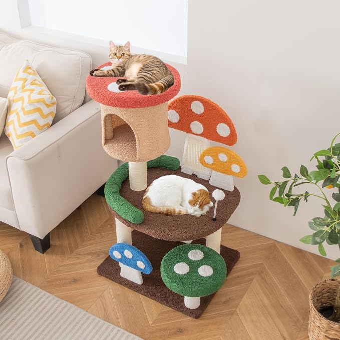 Tangkula Patented Mushroom Cat Tree, Cute Cat Tower with Full-Wrapped Sisal Post, Scratching Board & Spring Ball, Cat Condo, Flower Cat Tree Tower for Indoor Cats Large Adult (40.5 Inch)
