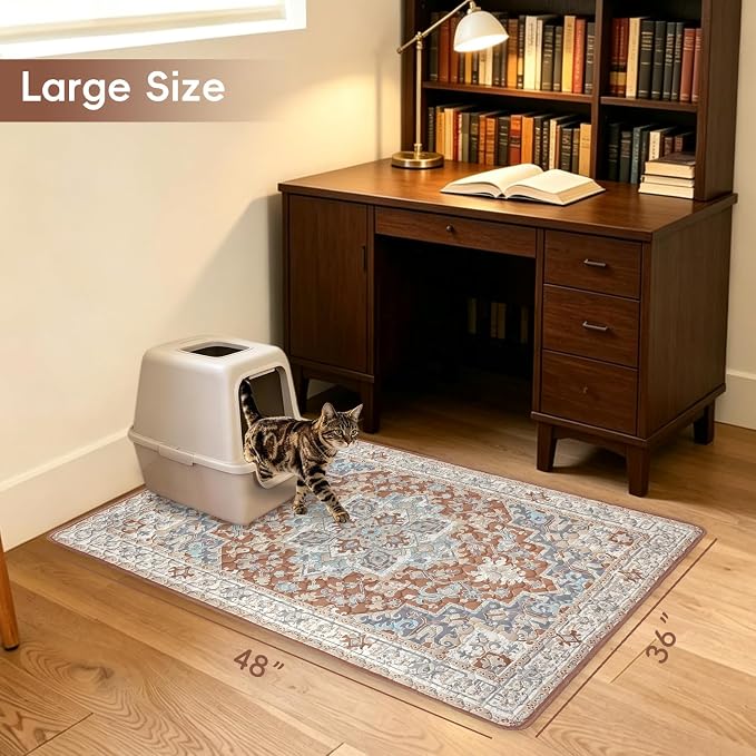 Cat Litter Mat 2 Pack, Reusable Large 36"x48" Kitty Litter Trapping Mat, Machine Washable Litter Mats for Cats, Waterproof & Non-Slip Compatible with Cat Box (Beige Medallion)