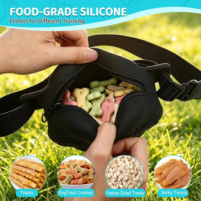 Dog Treat Pouch with Training Clicker and 2 Poop Bags, 1.8 Cup Small Sealable Zipper Silicone Fanny Pack with Waist Belt, Pet Puppy Training & Walking Essentials (Black)