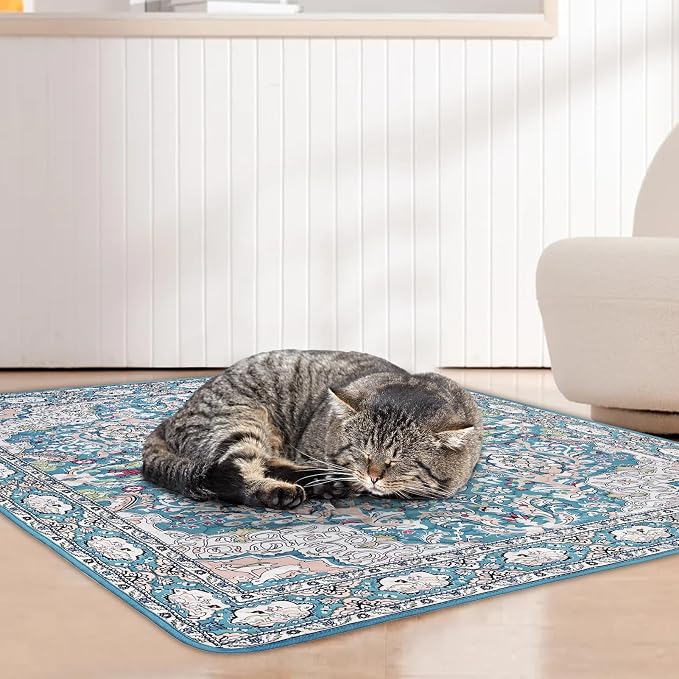 Cat Litter Mat, Reusable Kitty Litter Trapping Mat 2 PCs, 41"x36" Washable Litter Mats for Cats, Waterproof & Non-Slip Compatible with Cat Box (Lake Blue Medallion, 41"x36"(2 PCS))