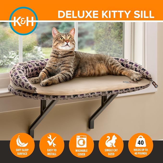 K&H Cat Window Perch, Deluxe Bolster Kitty Sill, 24x14in, Tan/Kitty Print | Cat Window Hammock Bed, Orthopedic Window Bed Holds 40 lbs, Washable Cover, Indoor Windowsill Furniture
