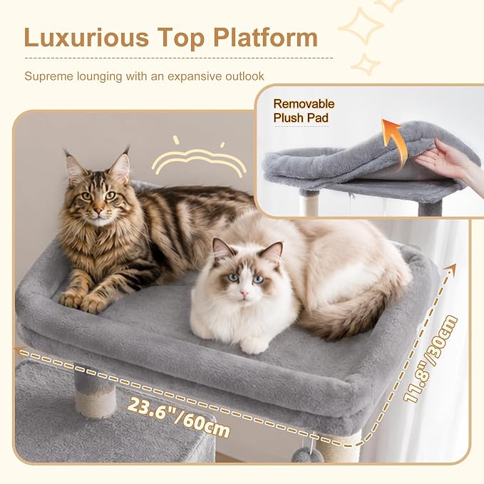 Heybly 68.1" Cat Tree with Oversized Top Platform & Wide Base HCT059W | Heavy Duty Cat Tower for Large Indoor Cats with 2 Condos, 2 Hammocks, 10 Sisal Scratching Posts, Stable Cat House, Light Gray