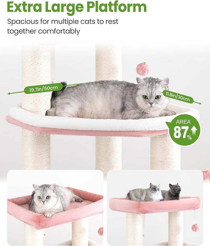 Cat Tree Tower for Large Cats Adult - 60 Inch XXL Sturdy Heavy Duty Extra Wide Scratching Posts (φ4.4in) Condo - Indoor Big Cat House Hammock Perch - XL Wood Multi Level Feline Pet Bed Trees Houses
