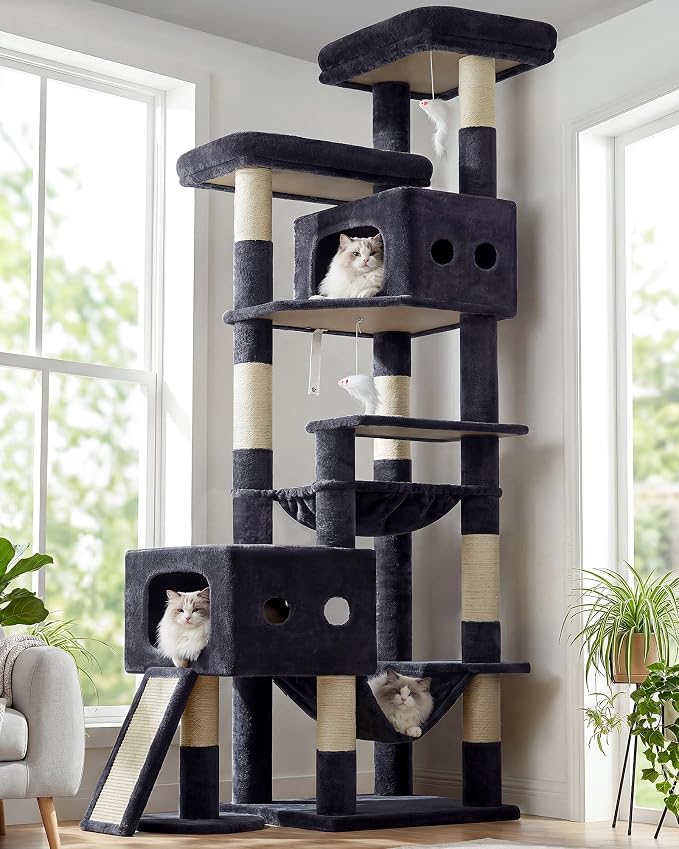 Globlazer 83inch Sturdy Multi-Level Tall Cat Tower, S83G, Dark Grey | Extra Large Heavy Duty Cat Tree for Indoor Large Adult Cats Kittens with 2 Cat Condo, 8 Scratching Post, 2 Hammock