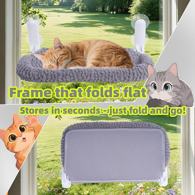 AIWIKIDE Cat Window Perch with Cushion Rim, Easy Install Bracket, Portable Wall Hammock for Indoor Cat, Grey