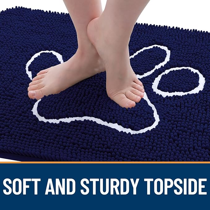 OLANLY Dog Door Mat for Muddy Paws 70x24, Paw Print Design Chenille Mud Mat | Navy Blue, Absorbent, Traps Moisture and Dirt, Non-Slip Washable Doormat, Quick-Drying Indoor Entryway Floor Carpet for Dogs