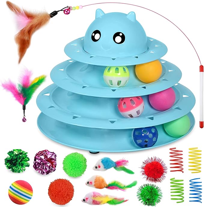 UPSKY 20 PCS Cat Toys - 3-Level Turntable Roller with Balls for Indoor Cats, Kitten Set with Teaser, Mice, Spring, and Various Ball Toys