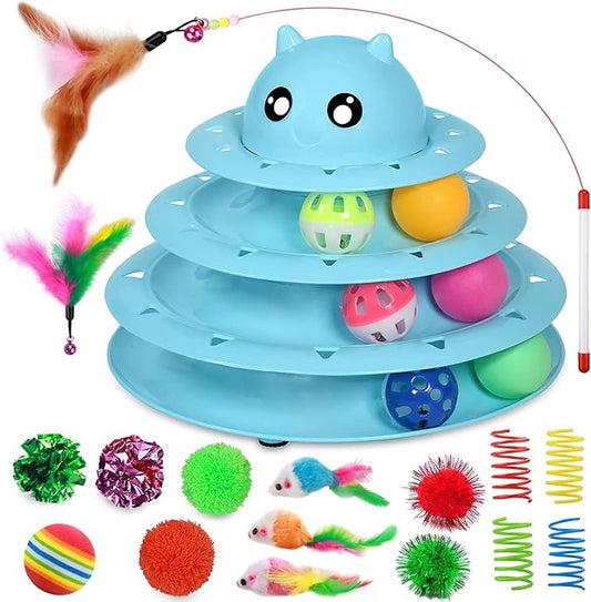 UPSKY 20 PCS Cat Toys - 3-Level Turntable Roller with Balls for Indoor Cats, Kitten Set with Teaser, Mice, Spring, and Various Ball Toys