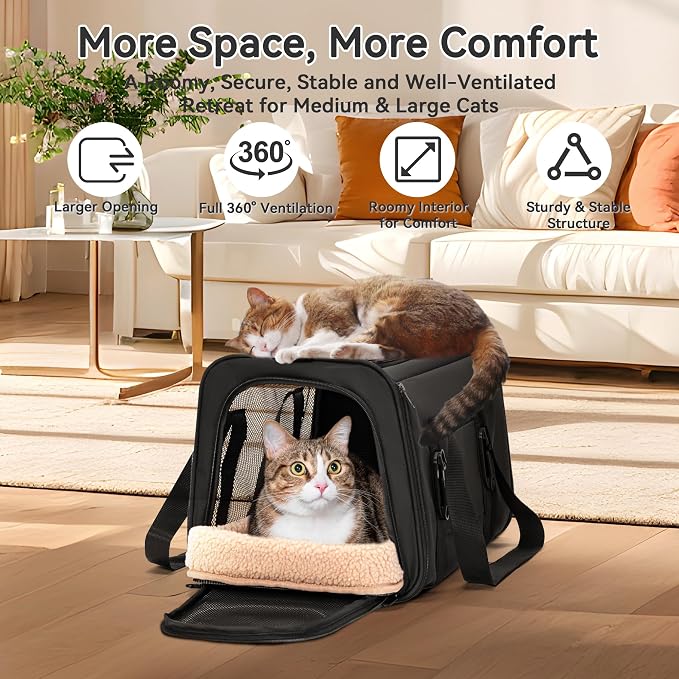 PETSFIT Large Cat Car Carrier with Patented Safety Buckles(19 x 12 x 12) – Roomy Escape-Proof for Safe Driving, Lockable Zippers & Safety Tether, Soft-Sided Travel Carrier for Road Trips & Vet Visits