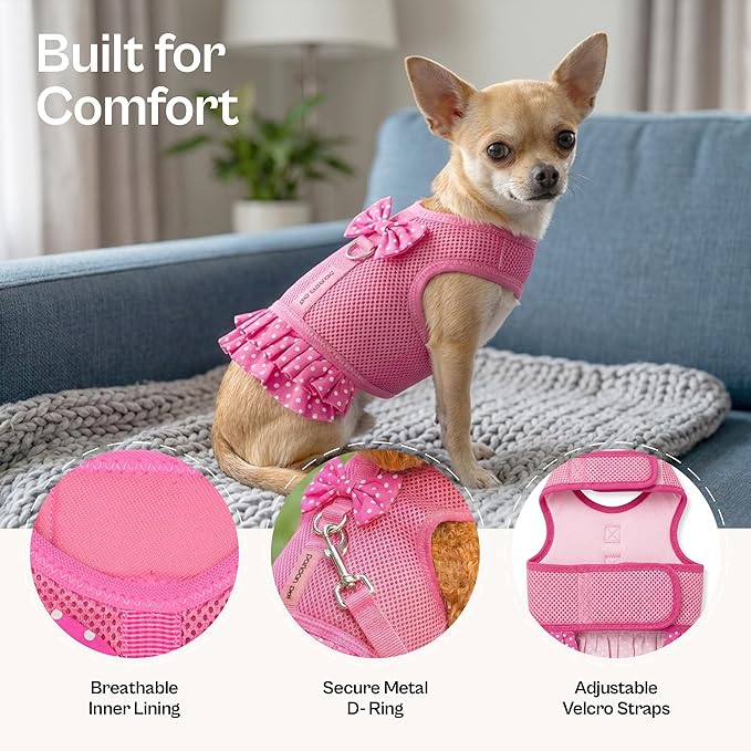 Parisian Pet Step in Dog Harness - 100% Mesh Fabric Pink Girl Dog Harnesses - Soft Fully Padded, No Pull Dog Vest Harness Dress - Puppy Harness - Dog Harness Small Sized Dog - S