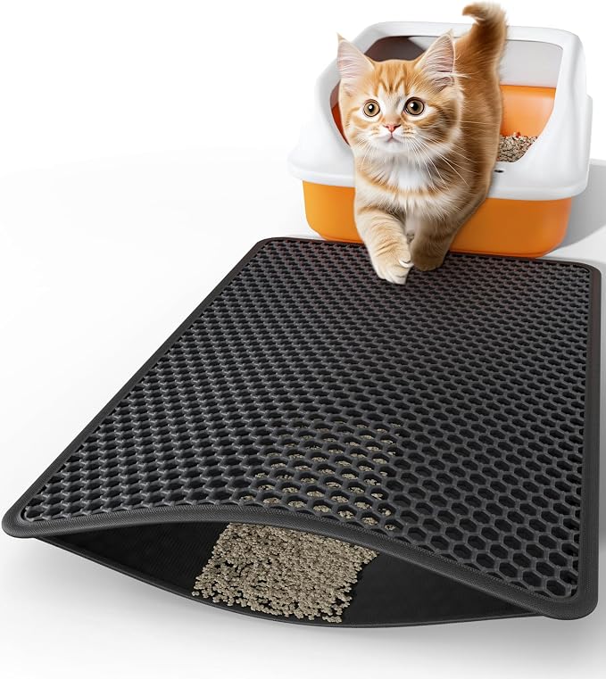 Powools Cat Litter Mat, Double-Layer, 23.2 x 14.6 in, Urine-Proof, Black | Non-Slip Litter Trapping Mat, Easy to Clean, Kitty Litter Mats for Floor, Scatter Control, Waterproof Litter Box Mat for Cats