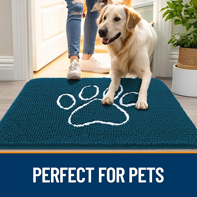 OLANLY Dog Door Mat for Muddy Paws 45x27, Paw Print Design Chenille Mud Mat | Atlantic Blue, Absorbent, Traps Moisture and Dirt, Non-Slip Washable Doormat, Quick-Dry Indoor Entryway Floor Carpet for Dogs