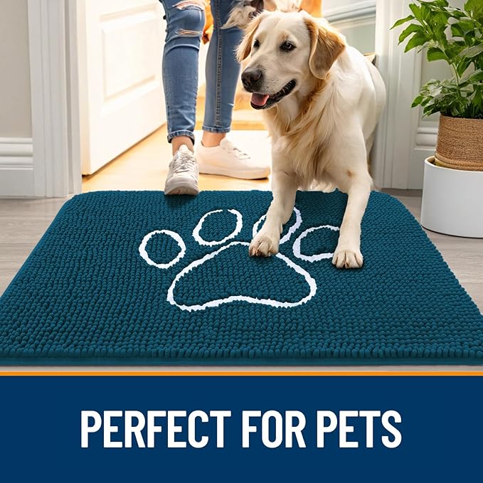 OLANLY Dog Door Mat for Muddy Paws 36x24, Paw Print Design Chenille Mud Mat | Atlantic Blue, Absorbent, Traps Moisture and Dirt, Non-Slip Washable Doormat, Quick-Dry Indoor Entryway Floor Carpet for Dogs