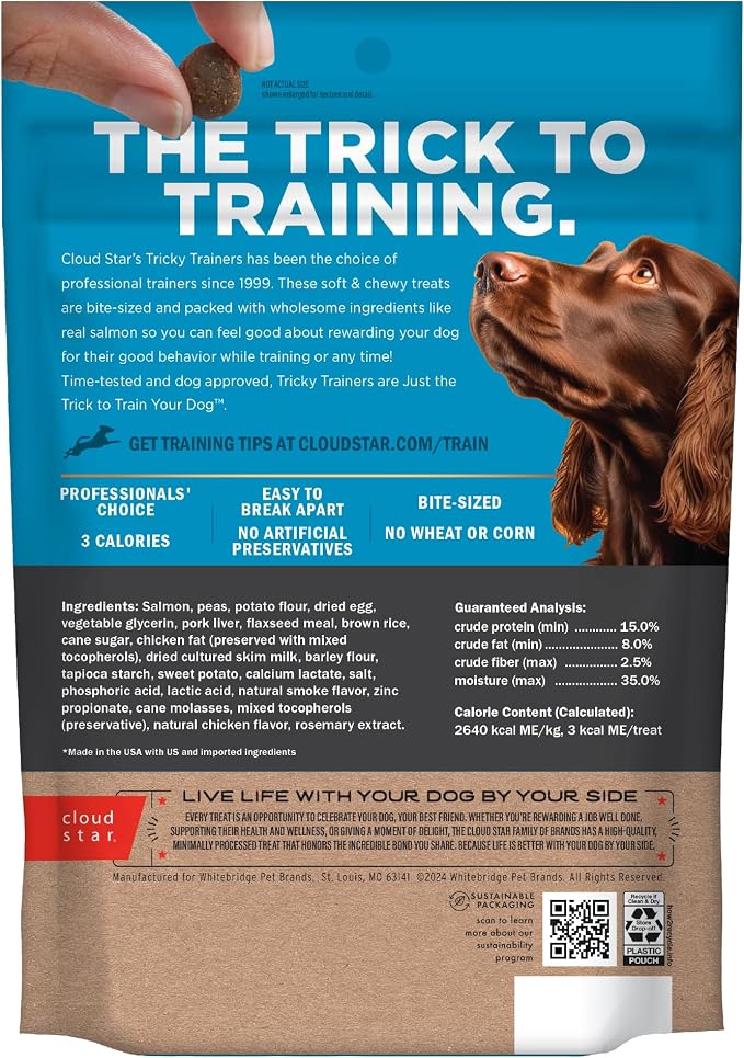 Cloud Star Tricky Trainers Dog Training Treats Soft & Chewy Salmon, 14 oz | Salmon Flavor, Low Calorie Reward for Dogs, Behavior Aid Support, 360 Treats Per Bag, Made with Real Salmon, 3 calorie