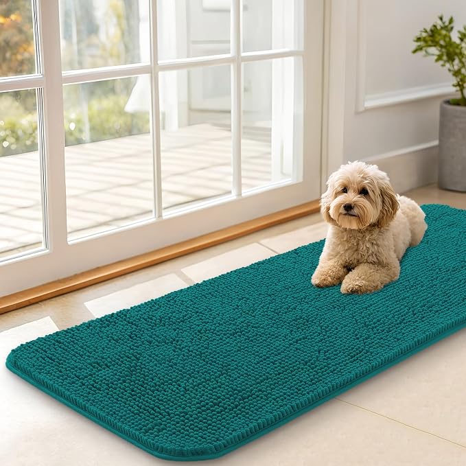 OLANLY Dog Door Mat for Muddy Paws 47x17, Super Absorbent Chenille Mud Mat | Lake Blue, Absorbs Moisture and Dirt, Non-Slip Machine Washable Doormat, Quick-Drying Indoor Entryway Floor Carpet for Dogs