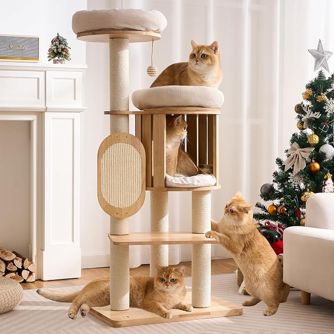 50" Modern Cat Tree for Indoor Cats Small to Medium, Solid Wood Cat Tower with Sisal Scratching Posts, Cat Scratcher Cardboard, Cozy Cat Beds & Hidden Cat Condo, Multi-Level Cat Furniture