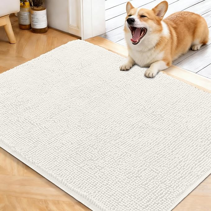 OLANLY Dog Door Mat for Muddy Paws 40x32, Super Absorbent Chenille Mud Mat | Ivory, Absorbs Moisture and Dirt, Non-Slip Machine Washable Doormat, Quick-Drying Indoor Entryway Floor Carpet for Dogs