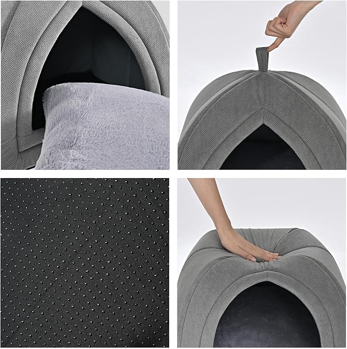 Amazon Basics Cat Cave Bed, 2-in-1 Foldable House for Indoor Cats, with Washable Cushion and Non-Slip Base, 15 x 15 Inches, Small, LightGray