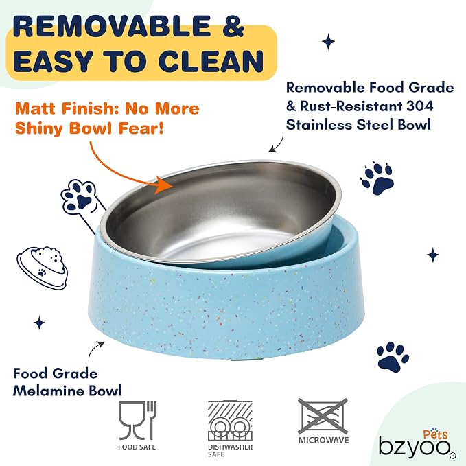 bzyoo 32oz 4CUP Dog & Cat Bowl, Sprinkle Design, Slanted Stainless Steel Pet Bowl with Removable Inner Bowl, Non-Slip Silicone Base, Dishwasher Safe, for Dry/Wet/Raw Food & Water (Blue)