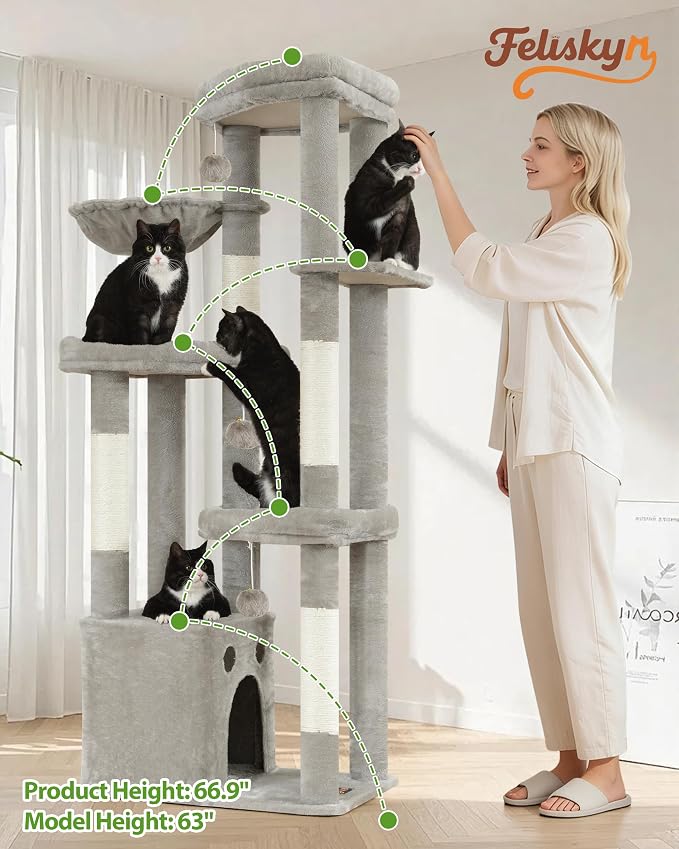 67in Cat Tree Tower for Indoor Cats, Multi-Level Light Grey | Climbing Tower with 3 Large Platform, 4 Scratching Posts, Hammock, Large Condo for Multiple Cats, Modern Cat Tree Furniture