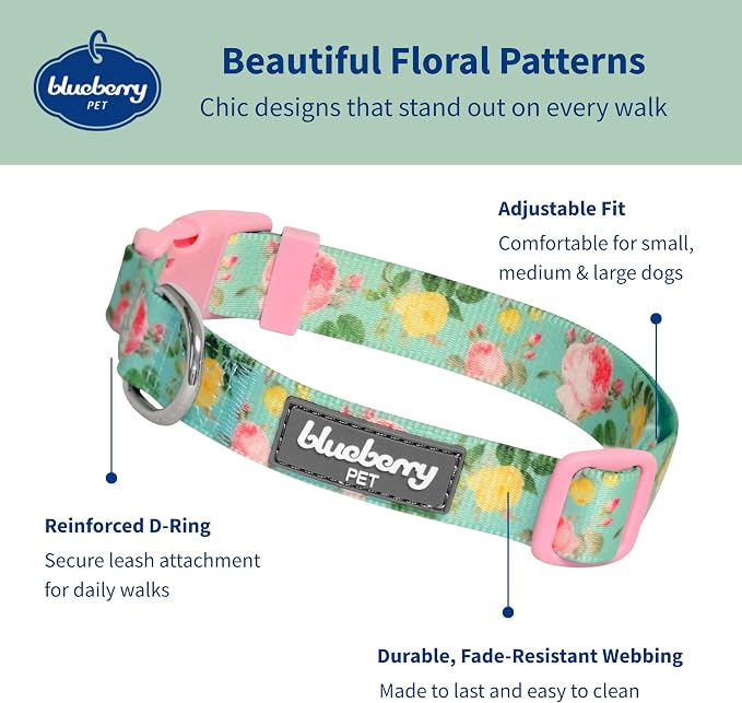 Blueberry Pet Mint Tropical Dog Collar, Adjustable Medium Size, Neck 14.5”-20”, Printed Pet Collar for Medium Dogs