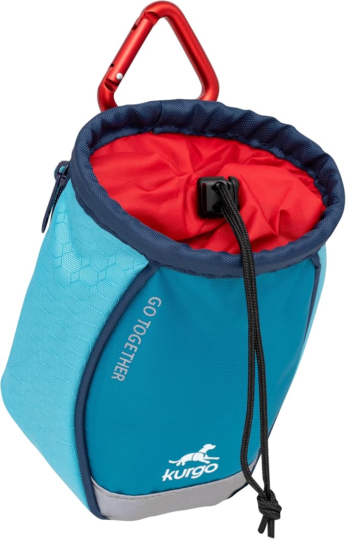 Kurgo Go Stuff It Dog Treat Bag, Coastal Blue | MOLLE-Compatible Training Pouch with Drawstring Closure, Zippered Storage Pocket, Reflective for Nighttime Visibility
