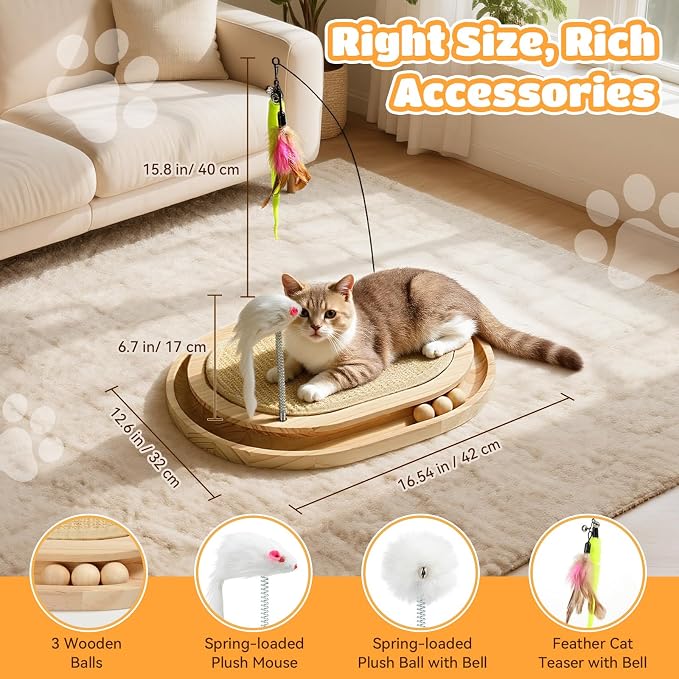 Cat Scratcher, Natural Sisal Scratching Pad, Kitten Interactive Toy with Ball Track & 3 Spring Plush Toys for Chasing Hunting Exercise, Round Wooden Cat Scratchers for Indoor