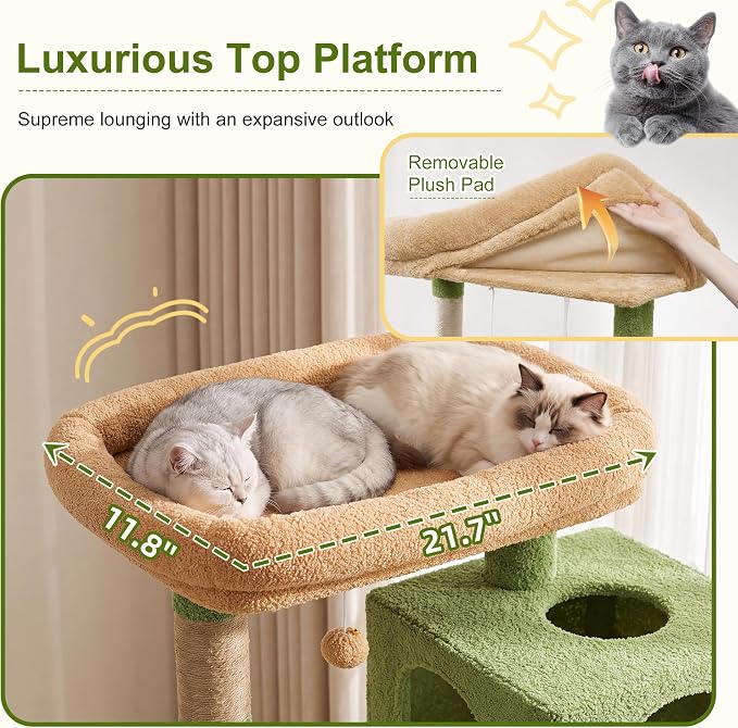 Heybly Cat Tree, 76-Inch Tall Heavy Duty Cat Tower for Big Cats HCT039GY | Multi-Level Large Cat Furniture with Extra Wide Baseboard, 2 Condos & 2 Hammocks, 10 Scratching Posts, Green and Yellow