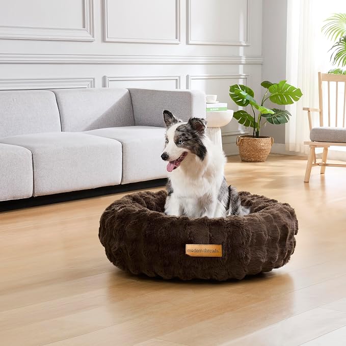 Modern Threads Calming Donut Dog Bed for Small Dogs, Plush Round Faux Fur Pet Bed with Raised Bolster, Soft Washable Dog Bed, 24x24x9, Chocolate Brown