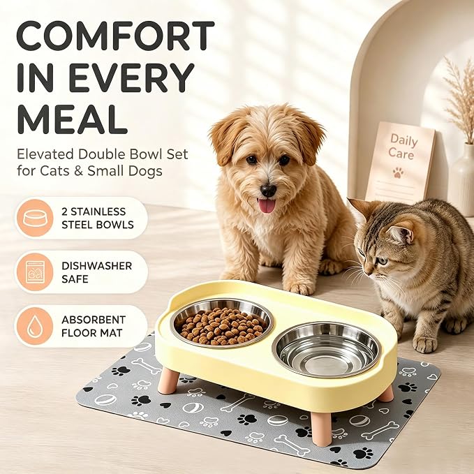 Elevated Dog Bowls with Mat, 2 Stainless Steel for Small Dogs Under 25 Lb | Raised Bowl Stand, Food & Water Set for Cats & Puppies, Splash Proof, Dishwasher Safe, Stain-Resistant Quick-Dry Mat