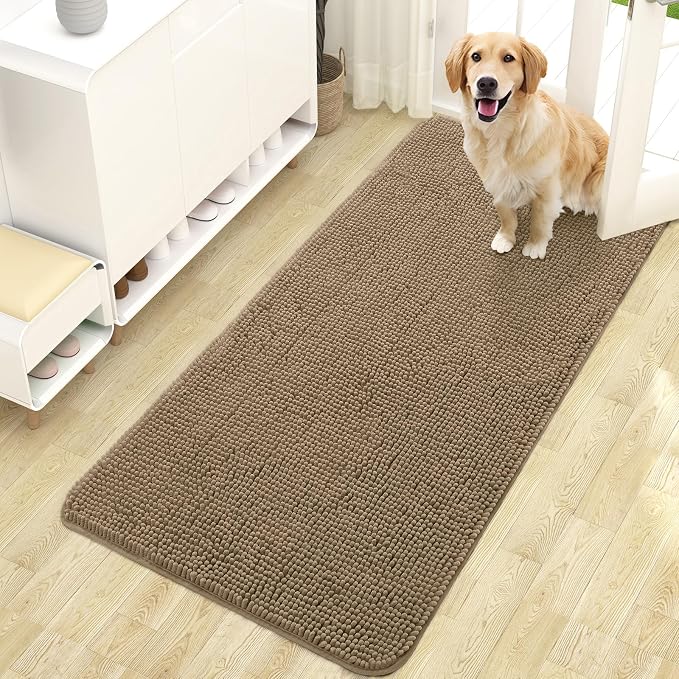 OLANLY Dog Door Mat for Muddy Paws 47x24, Super Absorbent Chenille Mud Mat | Tan, Absorbs Moisture and Dirt, Non-Slip Machine Washable Doormat, Quick-Drying Indoor Entryway Floor Carpet for Dogs