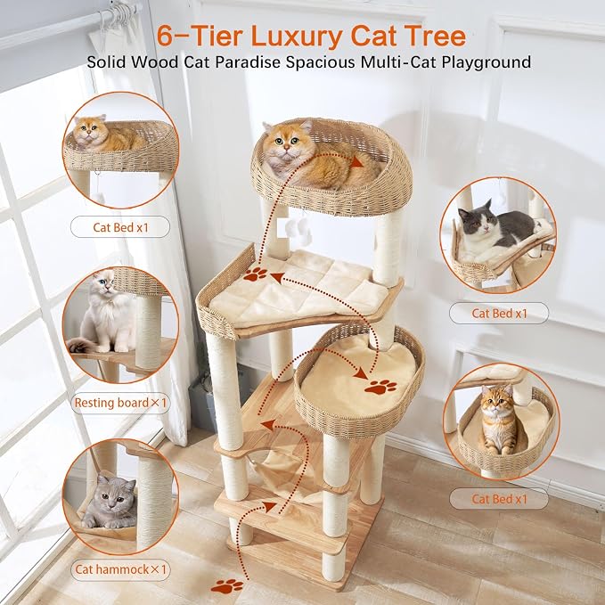 Wooden Cat Tree for Indoor Cats, 62 in Tall Cat Tower | with Scratching Post for Large Cats, Solid Wood Cat Condo, with Handwoven Basket and Hammock, Easy to Clean