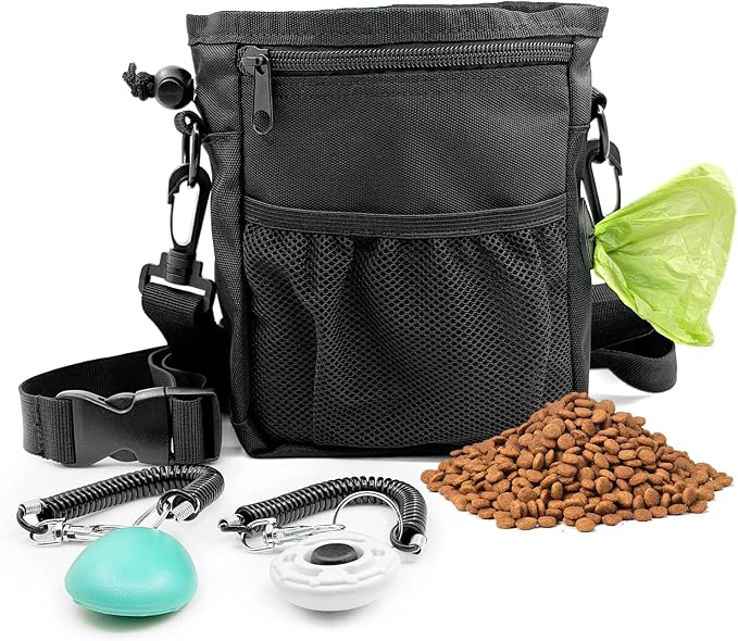 Dog Treat Pouch, Pet Training Clickers,Hands-Free Waist Belt Clip Nylon Pet Treat Pouch with Shoulder Strap, Puppy Walking Supplies Built-in Poop Bag Dispenser for Cat Bird Rabbit (Black)