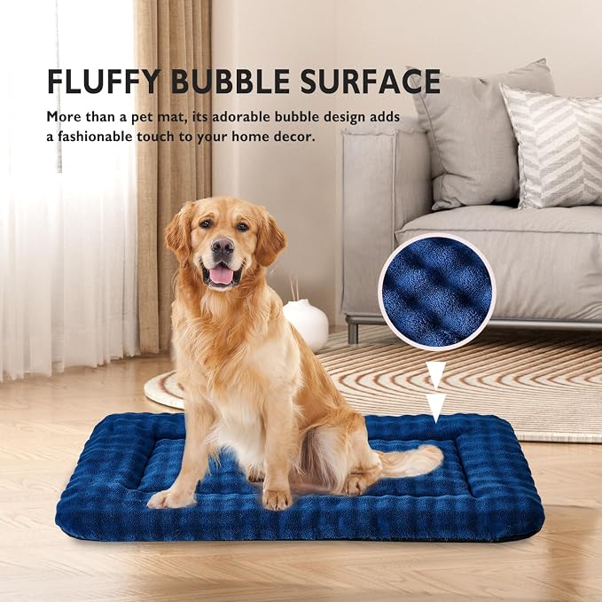 Dog Bed Mat Crate Pad for Large Dogs, Navy Blue, 42"x 28" | Washable Soft Pet Sleeping Mat, Anti-Slip Kennel Pad with 3D Bubble Pattern
