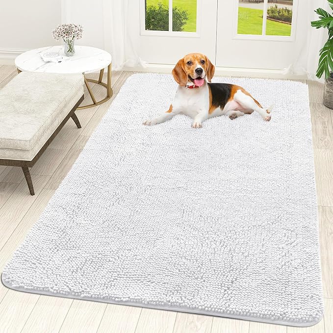OLANLY Dog Door Mat for Muddy Paws 59x35, Super Absorbent Chenille Mud Mat | White, Absorbs Moisture and Dirt, Non-Slip Machine Washable Doormat, Quick-Drying Indoor Entryway Floor Carpet for Dogs