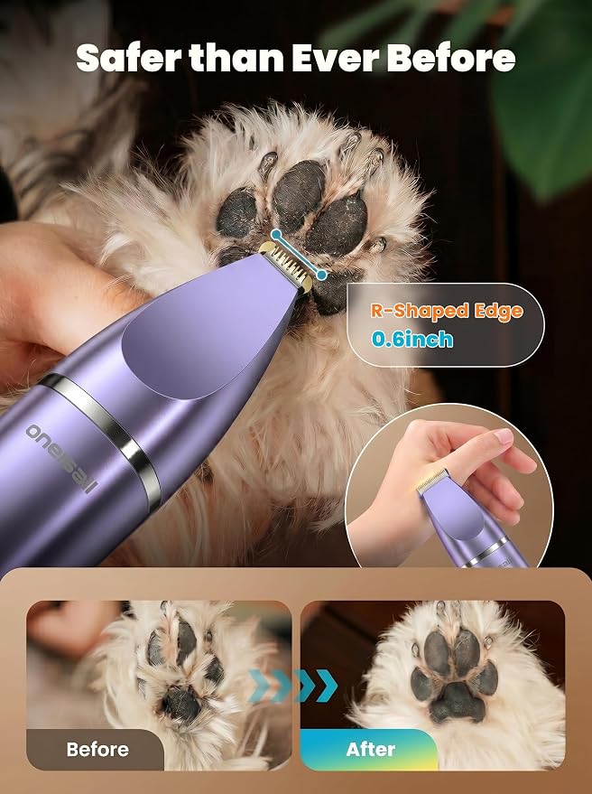 oneisall 4 in 1 Dog Grooming Kit with LCD Display Purple | Paw Hair Trimmer & Nail Grinder, Rechargeable, Cordless, Low Noise, IPX7 Waterproof, 3 Speeds Pet Grooming Clippers
